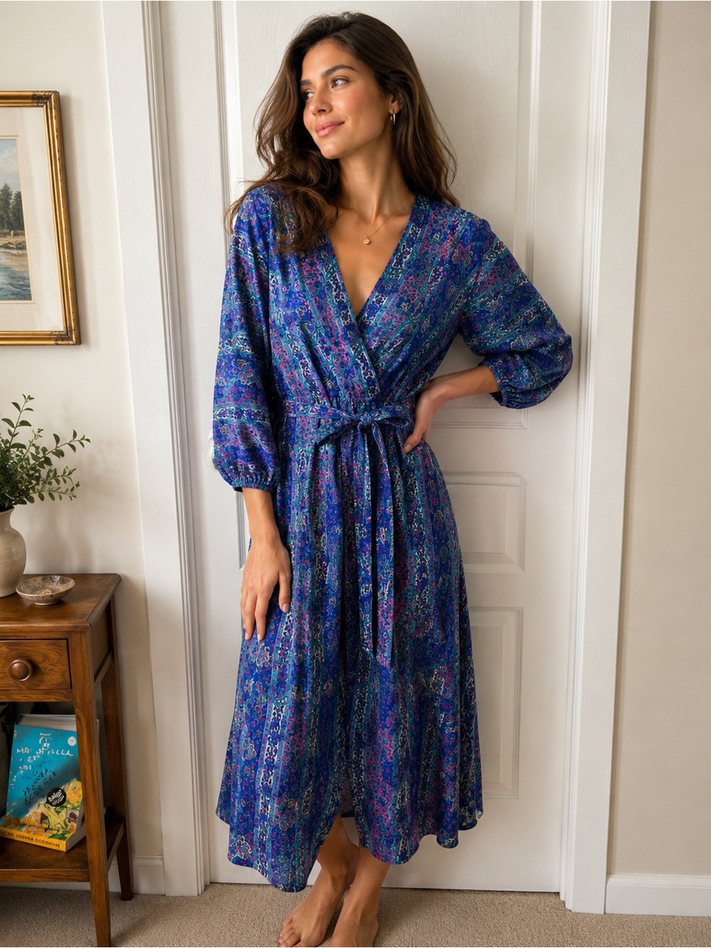 Vintage Lady Carol of New York Silk Blend Paisley Wrap Dress Blue Boho Midi